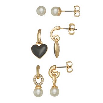 Nine West Gold Tone Heart & Simulated Pearl Trio Earrings Set