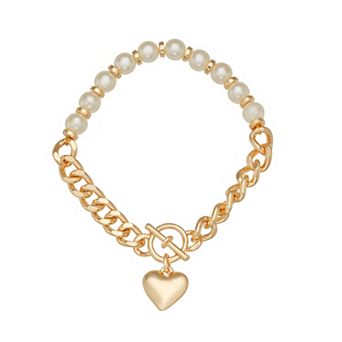 Nine West Gold Tone Simulated Pearl Heart Cuban Link Stretch Bracelet