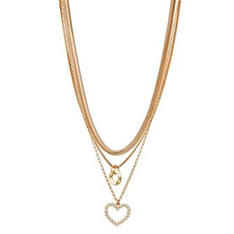 Nine West Gold Tone 3-Row Heart Pendant Necklace