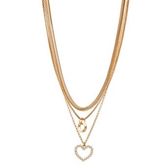 Nine West Gold Tone 3-Row Heart Pendant Necklace