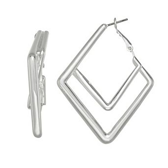 Nine West Silver Tone Double Diamond Hoop Earrings