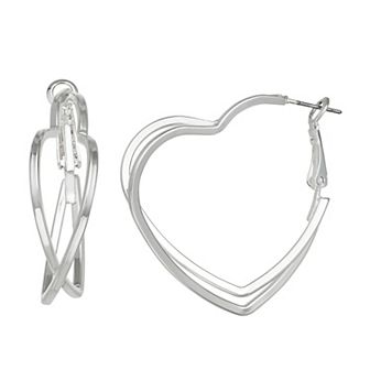 Nine West Silver Tone Double Heart Click It Hoop Earrings