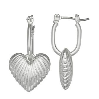 Nine West Silver Tone Heart Pendant Hoop Earrings
