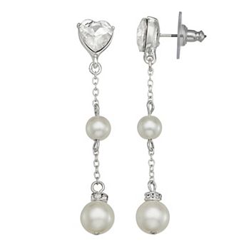 You're Invited Silver Tone Simulated Pearl Lab Grown Gemstone Heart Linear Drop Earrings
