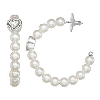 You're Invited Silver Tone Heart Gemstone Simulated Pearl C Hoop Earrings