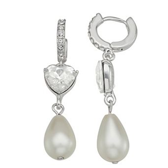 You're Invited Silver Tone Simulated Pearl Lab Grown Heart Gemstone Drop Earrings