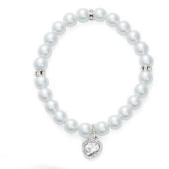 You're Invited Silver Tone Simulated Pearl Lab Grown Heart Gemstone Pendant Stretch Bracelet