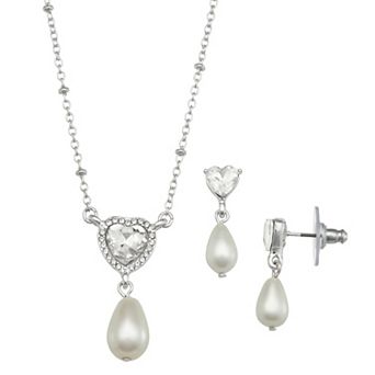 You're Invited Silver Tone Simulated Pearl Lab-Created Gemstone Heart Necklace & Earring Set