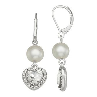 You're Invited Silver Tone Simulated Pearl Lab-Created Gemstone Heart Drop Earrings