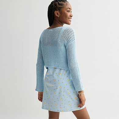 Girls 7-16 eyeshadow Floral Mini Dress & Mesh Pullover Sweater Set