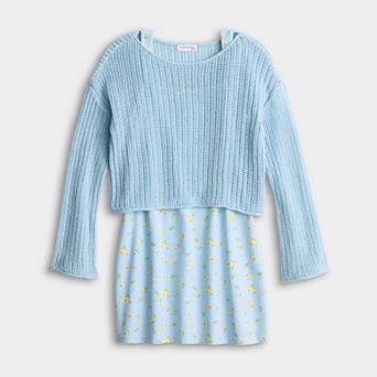 Girls 7-16 eyeshadow Floral Mini Dress & Mesh Pullover Sweater Set