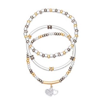 Nine West Tri-Tone Stretch Bracelet Set with Double Heart Charm