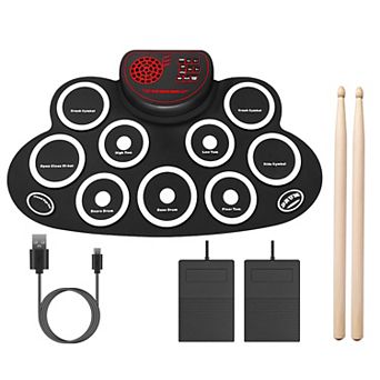 10-Pad Foldable Electronic Drum Set Silicon Drum Kit with Sticks & Headphone Jack