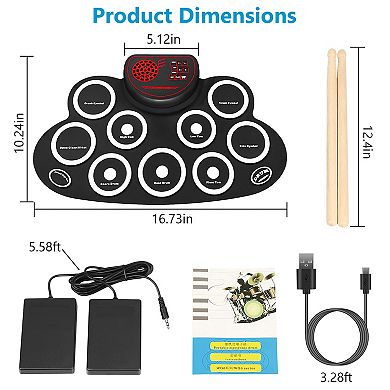 10-Pad Foldable Electronic Drum Set Silicon Drum Kit with Sticks & Headphone Jack