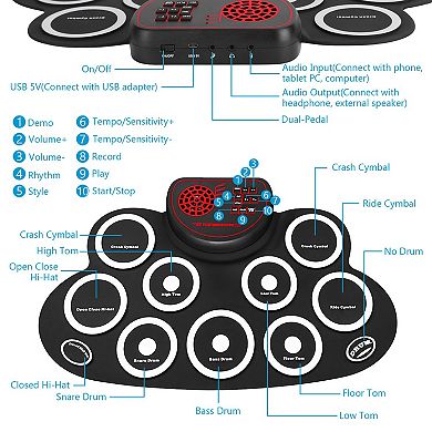 10-Pad Foldable Electronic Drum Set Silicon Drum Kit with Sticks & Headphone Jack