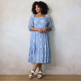 Plus Size LC Lauren Conrad Square Neck Puff Sleeve Midi Dress