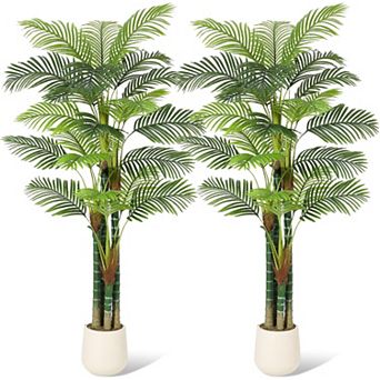 7FT Faux Tall Palm Tree, Triple Golden Cane with White Round Planter & Moss 2 Pack