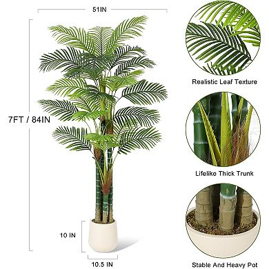 7FT Faux Tall Palm Tree, Triple Golden Cane with White Round Planter & Moss 2 Pack