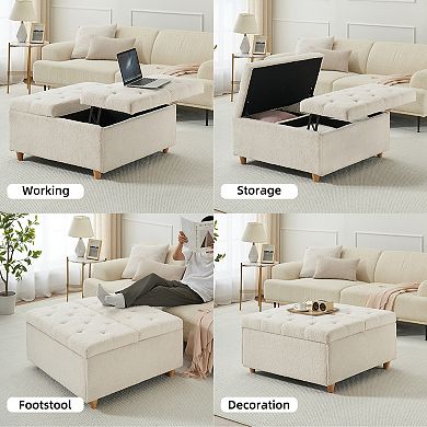 Ottoman Coffee Table with Lift Top, Sherpa Fabric Tufted Upholstered Ottoman with Storage