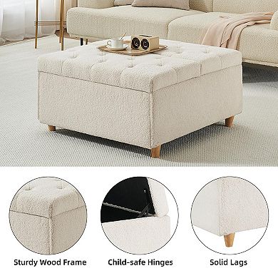 Ottoman Coffee Table with Lift Top, Sherpa Fabric Tufted Upholstered Ottoman with Storage