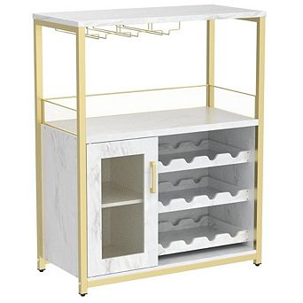 Wine Bar Cabinet with Detachable Rack, Glass Holder, Drawer & Mesh Door Compact Sideboard Storage