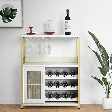 Wine Bar Cabinet with Detachable Rack, Glass Holder, Drawer & Mesh Door Compact Sideboard Storage