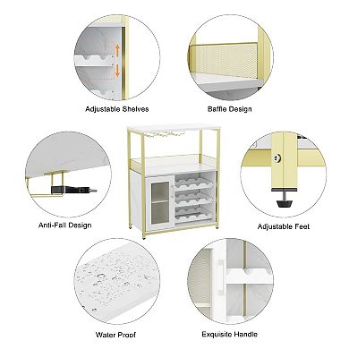 Wine Bar Cabinet with Detachable Rack, Glass Holder, Drawer & Mesh Door Compact Sideboard Storage