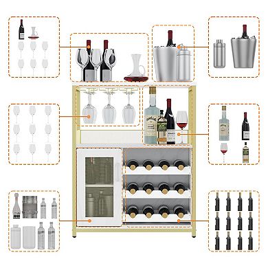 Wine Bar Cabinet with Detachable Rack, Glass Holder, Drawer & Mesh Door Compact Sideboard Storage