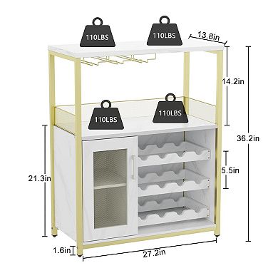 Wine Bar Cabinet with Detachable Rack, Glass Holder, Drawer & Mesh Door Compact Sideboard Storage