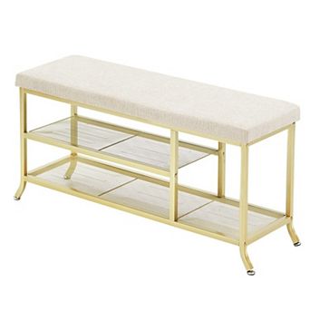 Gold Shoe Storage Bench with Padded Seat, 2 tier Organizer for Entryway, Living Spaces