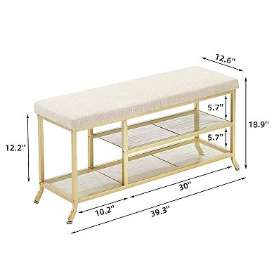 Gold Shoe Storage Bench with Padded Seat, 2-Tier Organizer for Entryway, Living Spaces