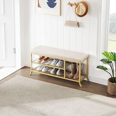 Gold Shoe Storage Bench with Padded Seat, 2-Tier Organizer for Entryway, Living Spaces