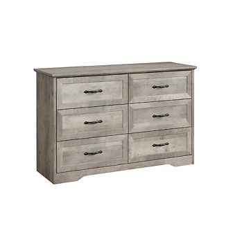 Wood Dresser with 6 Drawers, Tall Storage Cabinet with Large Drawers & Metal Handles,Gray+Brown