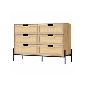 Rattan 6 Drawer Dresser with Metal Legs, Modern Farmhouse Storage for Bedroom & Living Room,Brown
