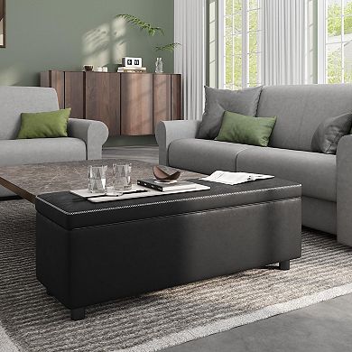 Storage Ottoman Bench with Synthetic Leather, Stitching, and Dual Safety Hinges—Durable and Stylish
