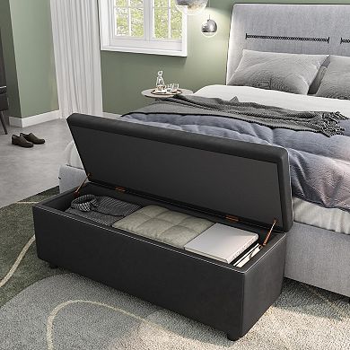 Storage Ottoman Bench with Synthetic Leather, Stitching, and Dual Safety Hinges—Durable and Stylish
