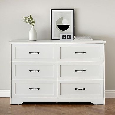 Wood Dresser with 6 Drawers, Tall Storage Cabinet with Large Drawers & Metal Handles,White