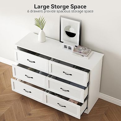 Wood Dresser with 6 Drawers, Tall Storage Cabinet with Large Drawers & Metal Handles,White