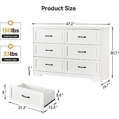 Wood Dresser with 6 Drawers, Tall Storage Cabinet with Large Drawers & Metal Handles,White