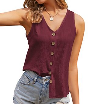 Women's Sleeveless V-Neck Button Down Textured Tank Top