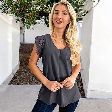 Women's V-Neck Sleeveless Blouse with Lace Shoulder Detail and Relaxed Fit Hemline