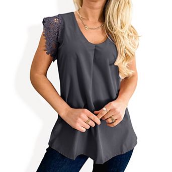 Women's V-Neck Sleeveless Blouse with Lace Shoulder Detail and Relaxed Fit Hemline