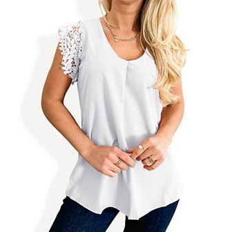 Women's V-Neck Sleeveless Blouse with Lace Shoulder Detail and Relaxed Fit Hemline