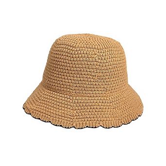 Women's Woven Floppy Bucket Hat with Scalloped Brim Edge Detail