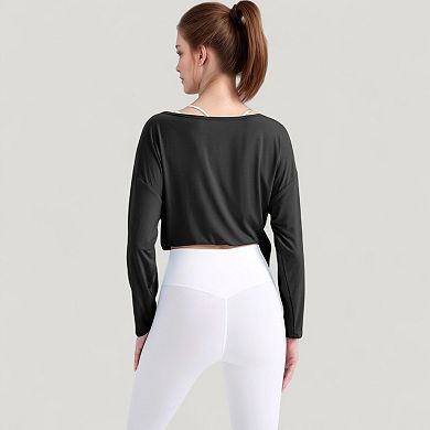 Women's Long Sleeve Pullover Top with Cutout Scoop Neck and Side Slit Hem