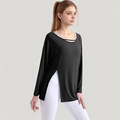 Women's Long Sleeve Pullover Top with Cutout Scoop Neck and Side Slit Hem