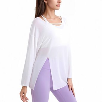 Women's Long Sleeve Pullover Top with Cutout Scoop Neck and Side Slit Hem