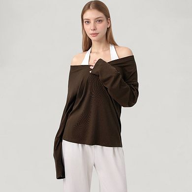 Women's Long Sleeve V-Neck Pullover Top with Relaxed Fit and Drop Shoulder Design