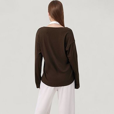 Women's Long Sleeve V-Neck Pullover Top with Relaxed Fit and Drop Shoulder Design