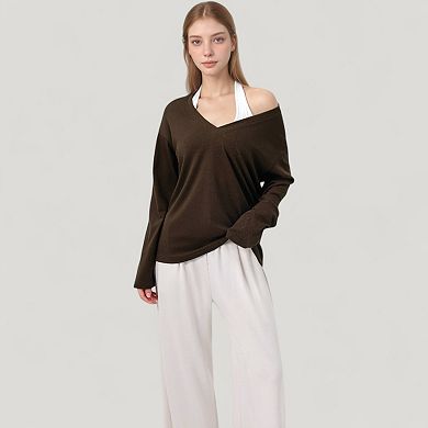 Women's Long Sleeve V-Neck Pullover Top with Relaxed Fit and Drop Shoulder Design